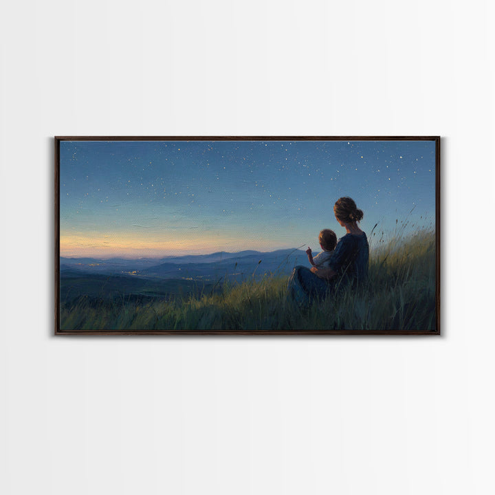 Mother And Child Under Starry Mountain Sky Canvas Print, Celestial Landscape, Blue Bedroom Art, Above Bed Decor, Gift For Her