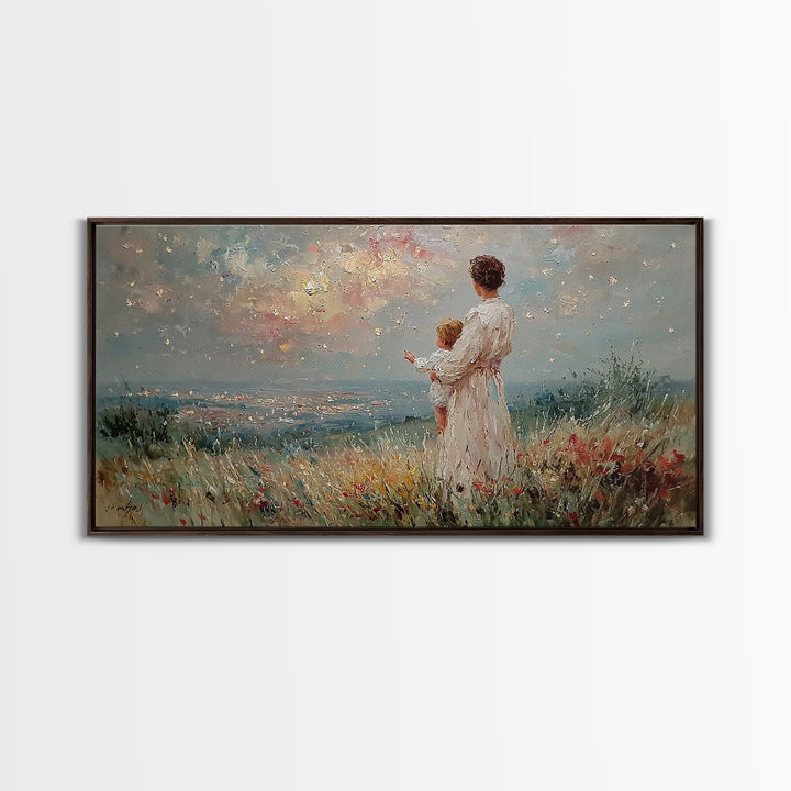 Mother Holding Baby At Sunset Meadow Framed Canvas Print, Romantic Floral Landscape, Fine Art Print, Nursery Wall Decor, Gift For Her