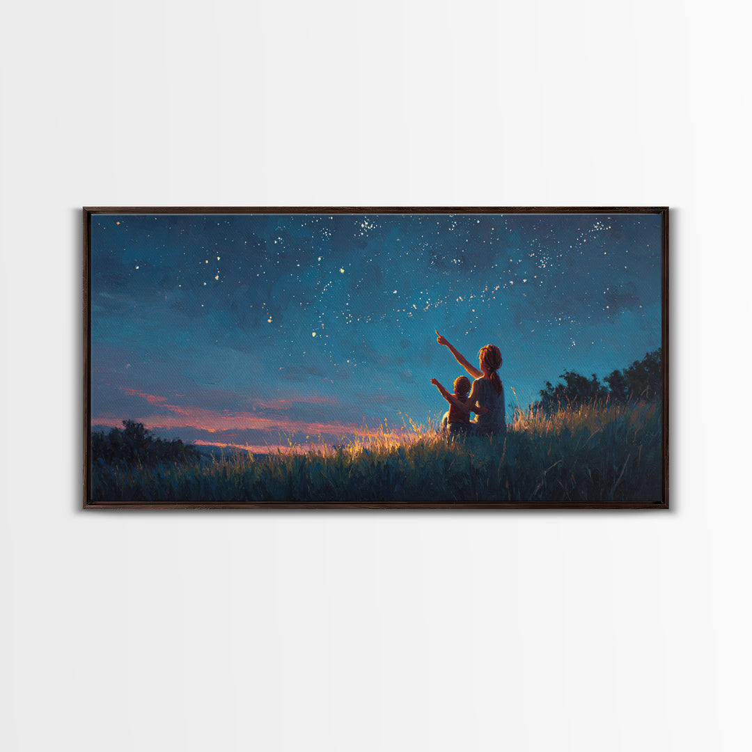 Mother And Child Pointing At Twilight Stars Canvas Print, Celestial Landscape, Blue Wall Art, Modern Bedroom Decor, Gift