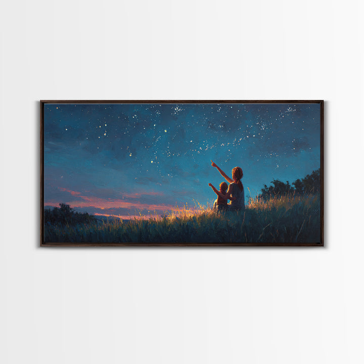 Mother And Child Pointing At Twilight Stars Canvas Print, Celestial Landscape, Blue Wall Art, Modern Bedroom Decor, Gift