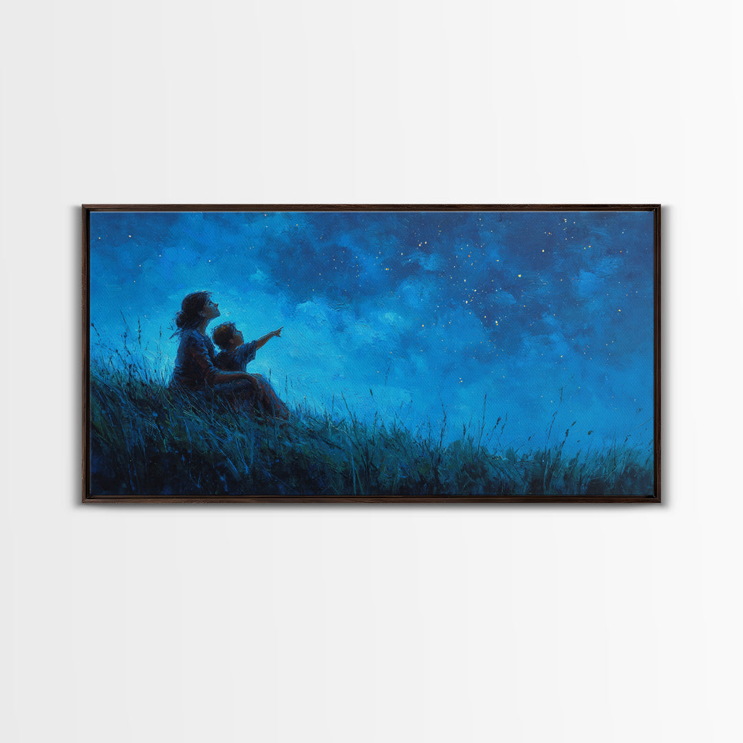 Mother And Child Beneath Deep Blue Starry Sky Wall Art, Celestial Landscape, Calming Bedroom Decor, Above Bed Print, Gift For Her
