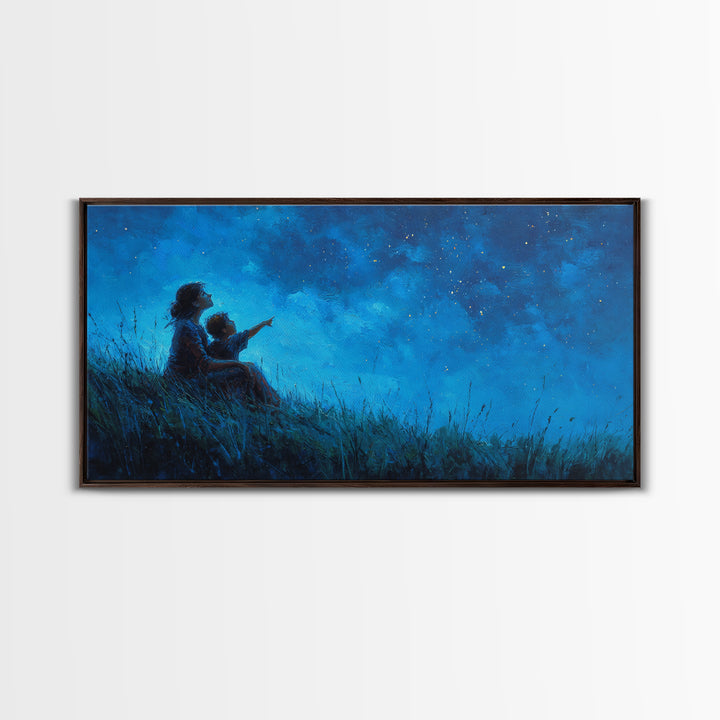 Mother And Child Beneath Deep Blue Starry Sky Wall Art, Celestial Landscape, Calming Bedroom Decor, Above Bed Print, Gift For Her