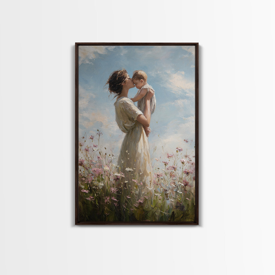 Mother Holding Baby In Wildflower Meadow Framed Canvas Print, Soft Sky Nursery Wall Art, Mothers Day Gift, Fine Art Print