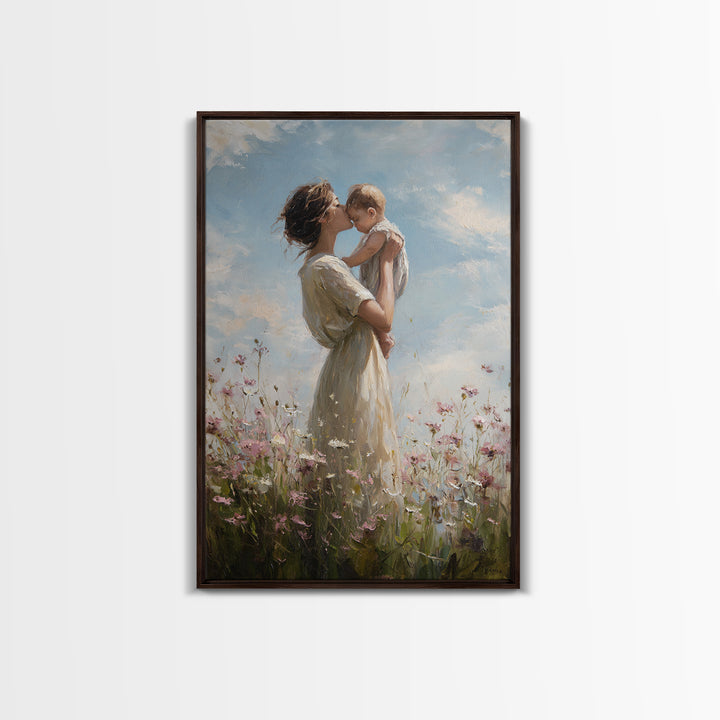 Mother Holding Baby In Wildflower Meadow Framed Canvas Print, Soft Sky Nursery Wall Art, Mothers Day Gift, Fine Art Print