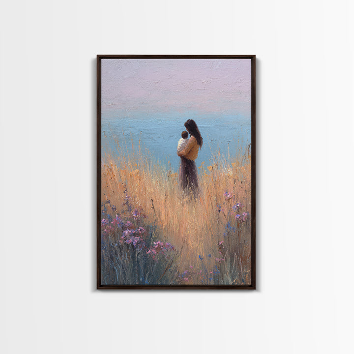 Mother And Baby By Ocean Grass Canvas Print, Pastel Coastal Wall Art, Peaceful Nursery Decor, Gift For Her, Minimalist Art