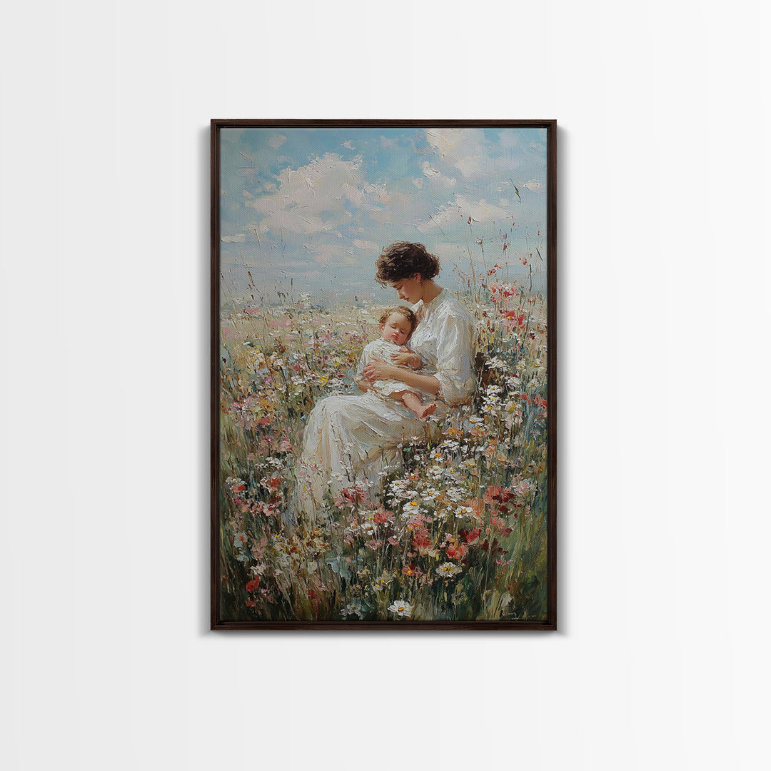 Seated Mother And Baby In Wildflowers Framed Canvas Print, Soft Floral Wall Art, Nursery Decor, Mothers Day Gift For Her