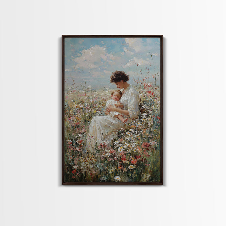 Seated Mother And Baby In Wildflowers Framed Canvas Print, Soft Floral Wall Art, Nursery Decor, Mothers Day Gift For Her