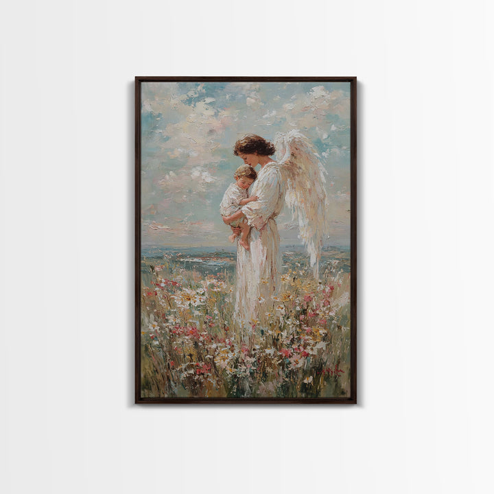 Guardian Angel Holding Child In Flower Meadow Wall Art, Christian Nursery Decor, Spiritual Canvas Print, Baptism Gift For Mom