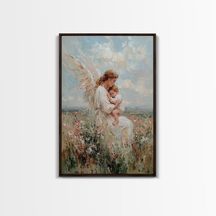 Angel Mother Cradling Baby In Wildflower Field Framed Canvas Print, Christian Wall Art, Nursery Decor, Spiritual Gift For Mom