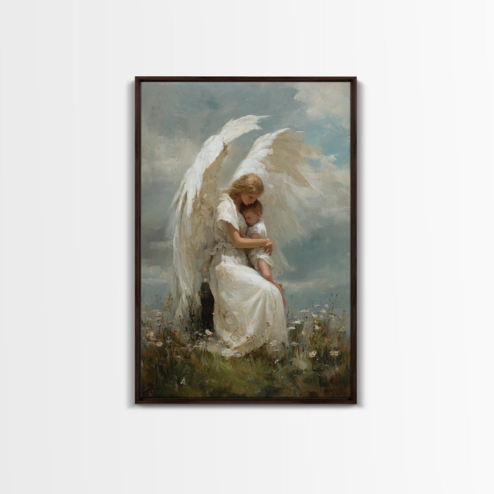 Winged Guardian Angel Embracing Baby Framed Canvas Print, Heavenly Christian Wall Art, Nursery Decor, Baptism Gift For Her