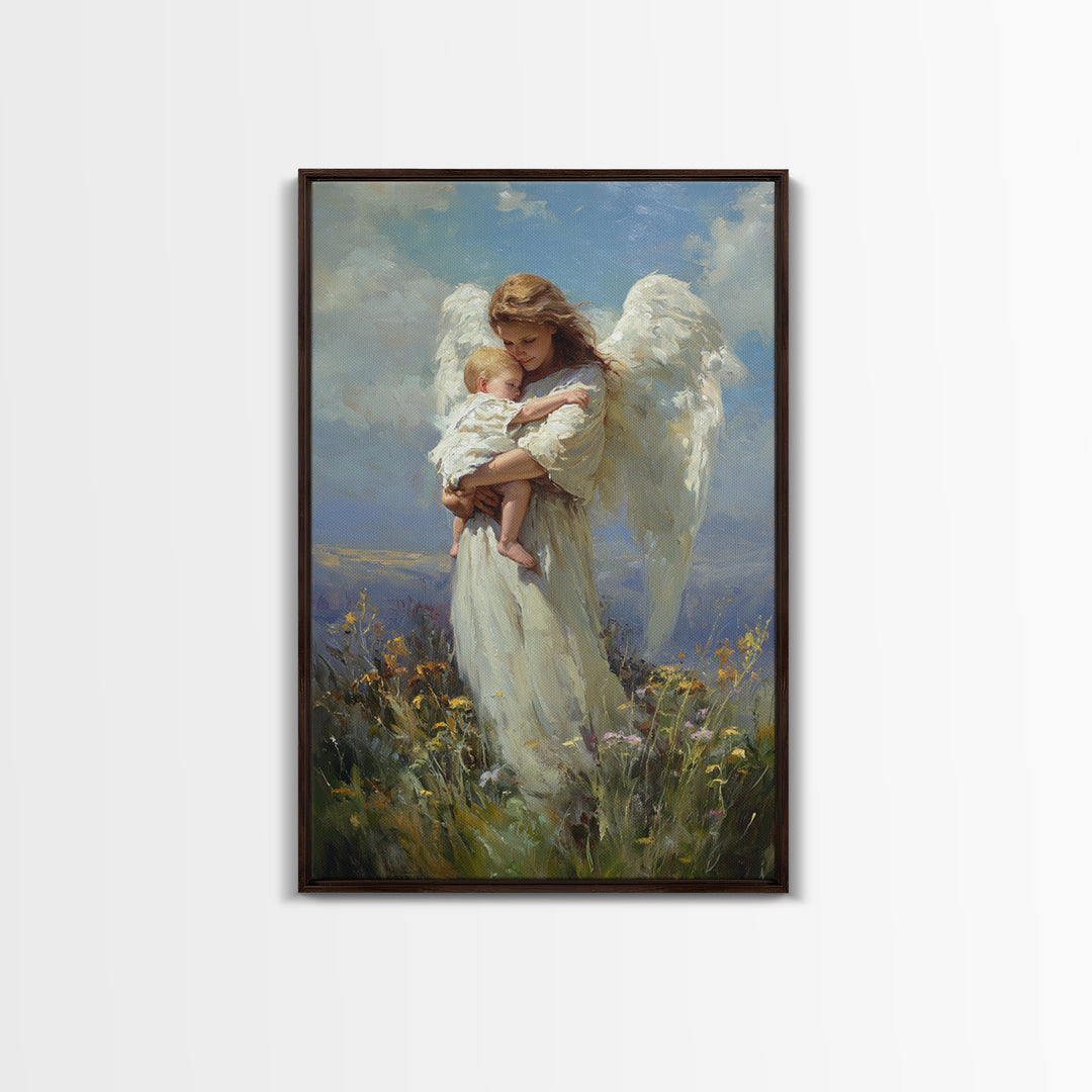 Angel Holding Sleeping Baby In Meadow Canvas Print, Serene Christian Wall Art, Nursery Decor, Guardian Angel Gift For Mom