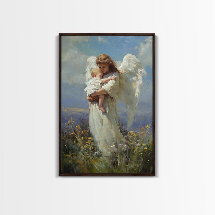 Angel Holding Sleeping Baby In Meadow Canvas Print, Serene Christian Wall Art, Nursery Decor, Guardian Angel Gift For Mom