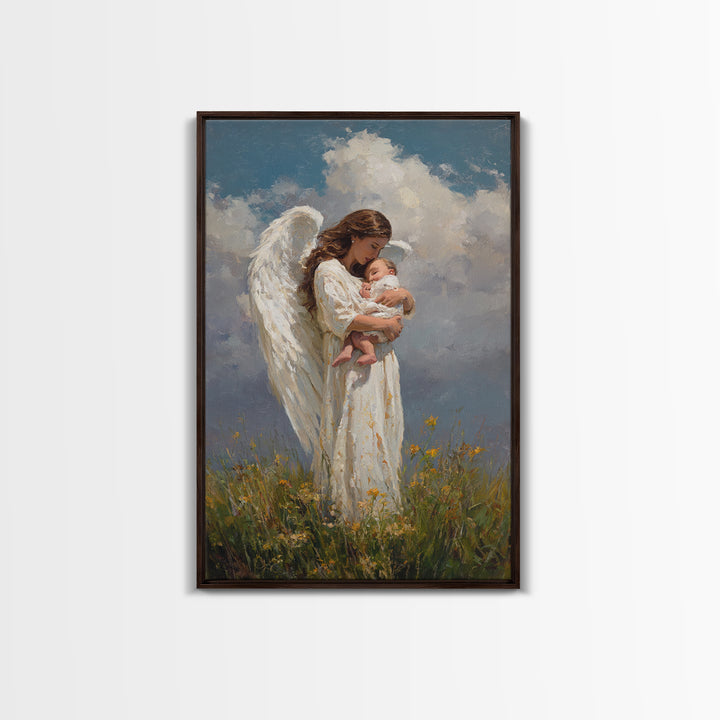 Guardian Angel Holding Newborn Under Clouds Wall Art, Christian Nursery Decor, Baptism Gift, Spiritual Framed Canvas Print
