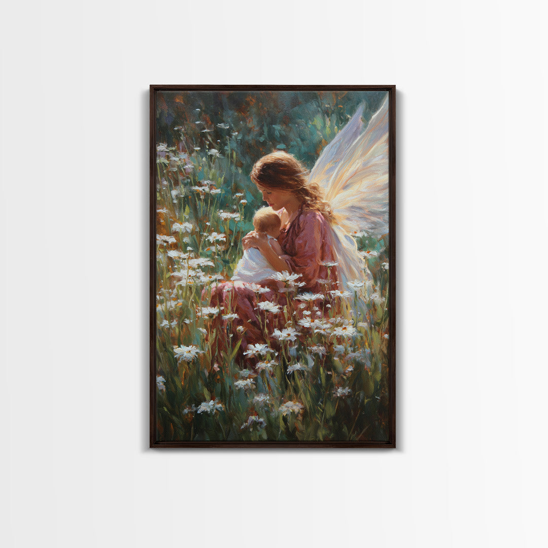 Fairy Mother And Baby In Daisy Garden Framed Canvas Print, Fantasy Wall Art, Nursery Decor, Whimsical Art Print, Gift For Her