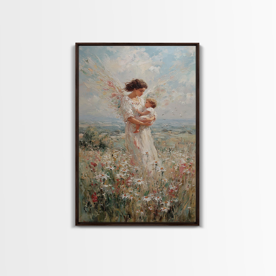 Angel Mother With Infant In Wildflower Meadow Canvas Print, Christian Wall Art, Nursery Decor, Spiritual Gift, Feminine Art