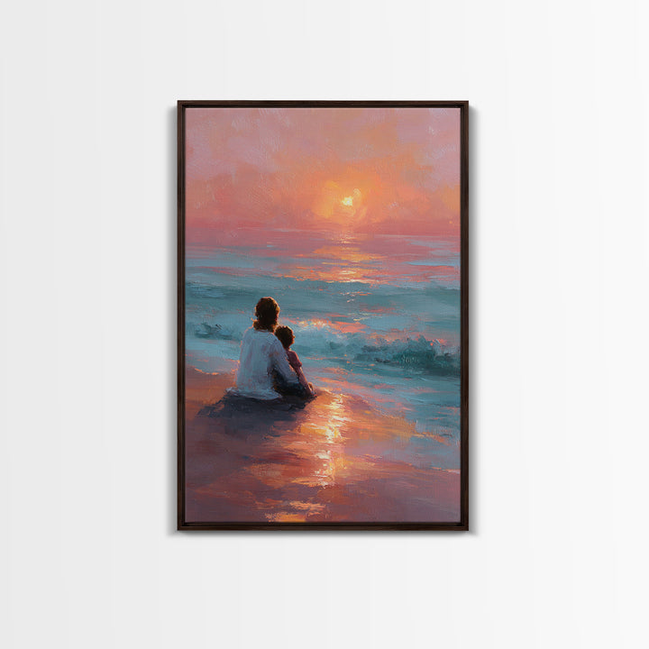 Mother And Child At Pink Ocean Sunset Wall Art, Coastal Beach Canvas Print, Nursery Decor, Mothers Day Gift, Living Room Decor