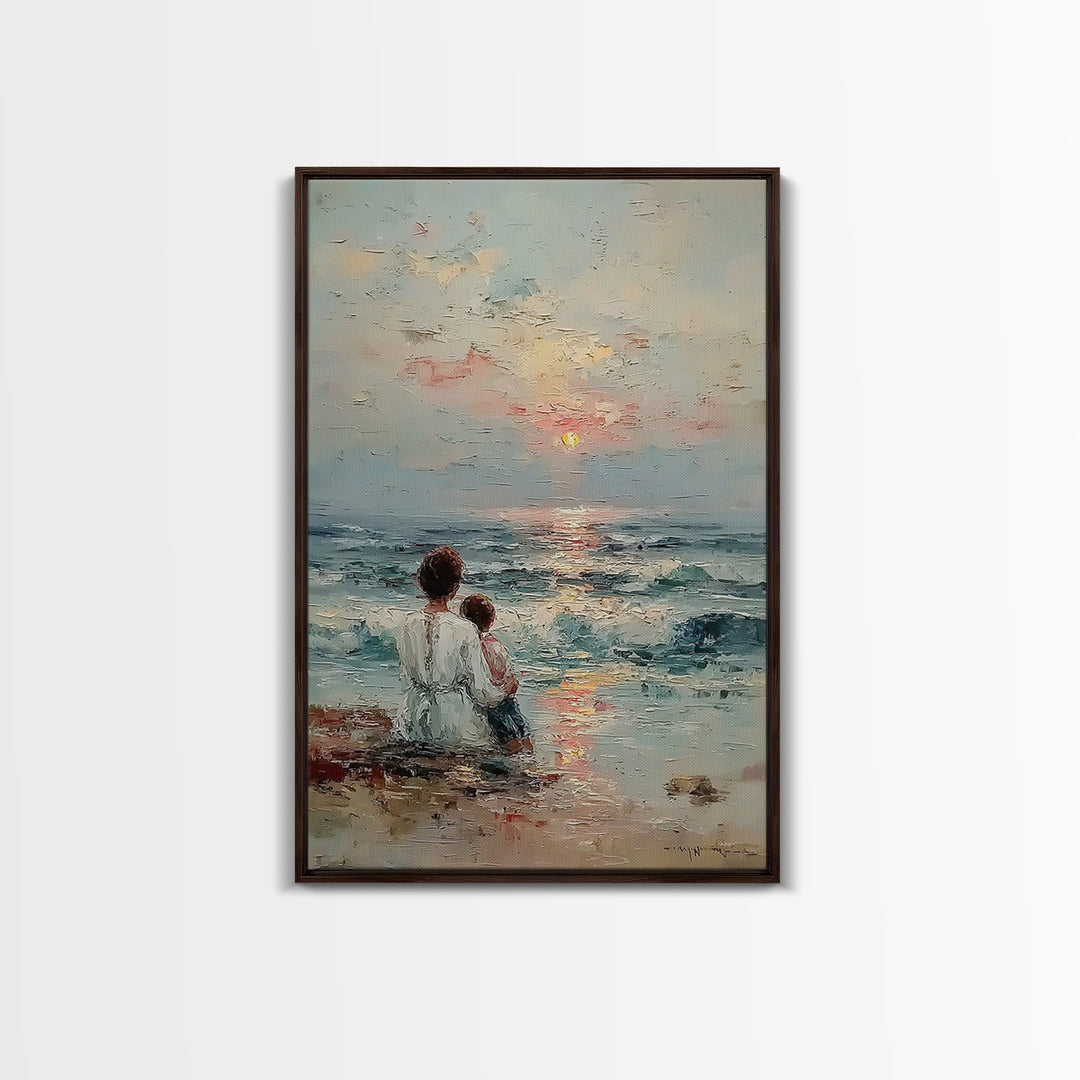 Mother And Child Watching Soft Ocean Sunrise Framed Canvas Print, Coastal Wall Art, Beach House Decor, Mothers Day Gift, Home Decor