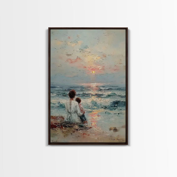 Mother And Child Watching Soft Ocean Sunrise Framed Canvas Print, Coastal Wall Art, Beach House Decor, Mothers Day Gift, Home Decor