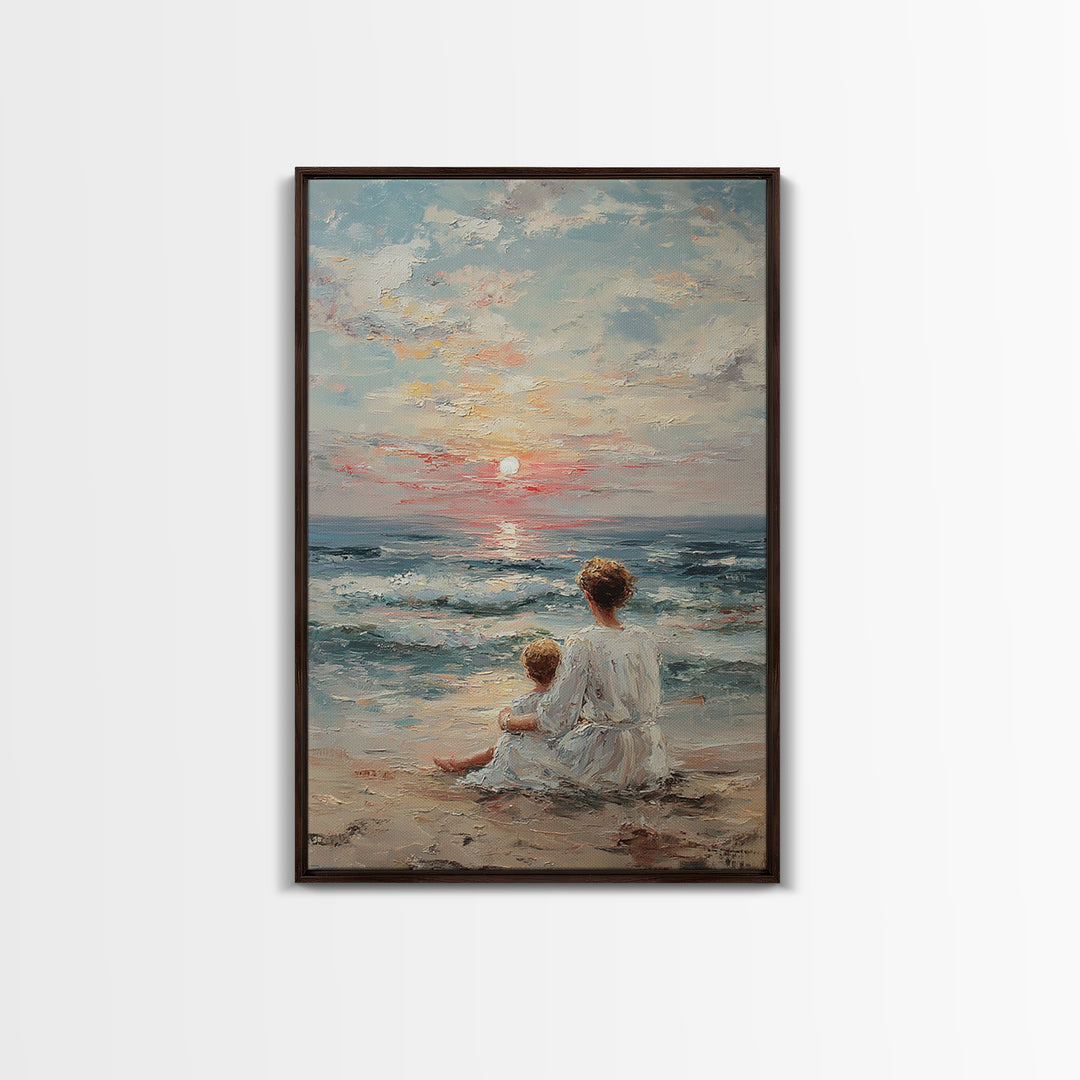 Mother And Child At Pale Seaside Sunrise Framed Canvas Print, Ocean Wall Art, Coastal Nursery Decor, Housewarming Gift, Home Decor