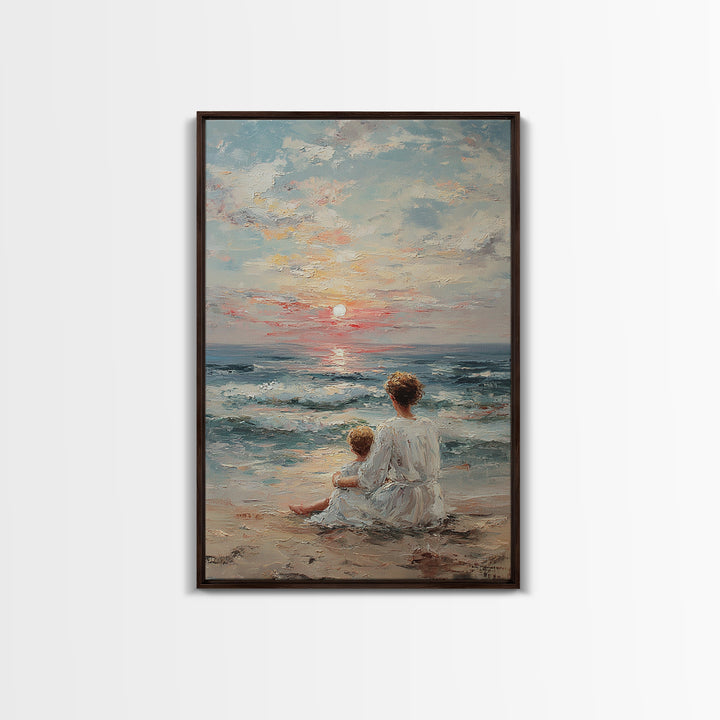 Mother And Child At Pale Seaside Sunrise Framed Canvas Print, Ocean Wall Art, Coastal Nursery Decor, Housewarming Gift, Home Decor