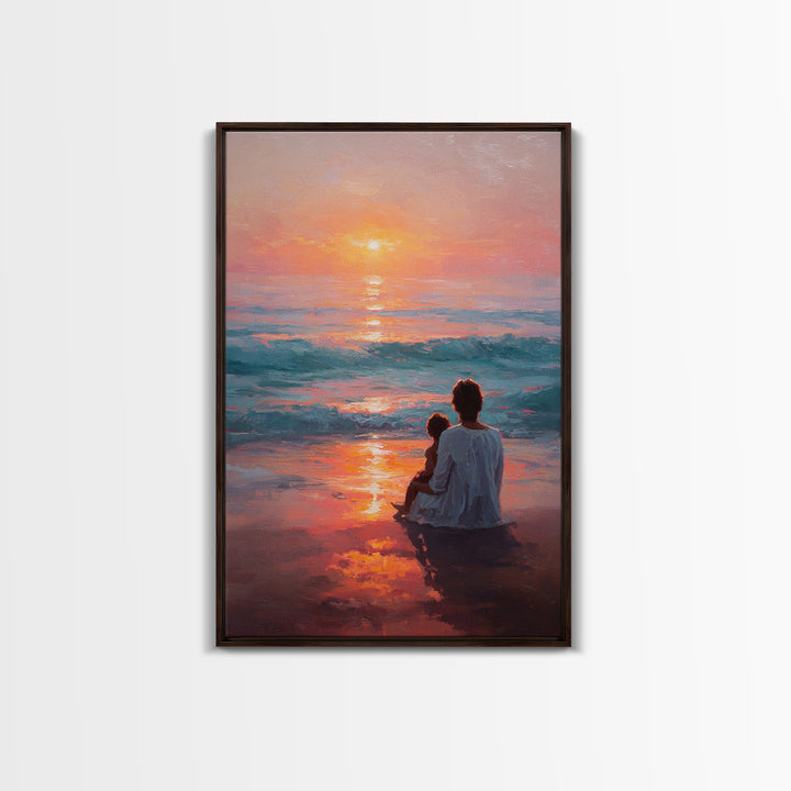 Mother And Child In Vibrant Sunset Surf Wall Art, Coastal Canvas Print, Ocean Beach Decor, Mothers Day Gift, Bedroom Decor