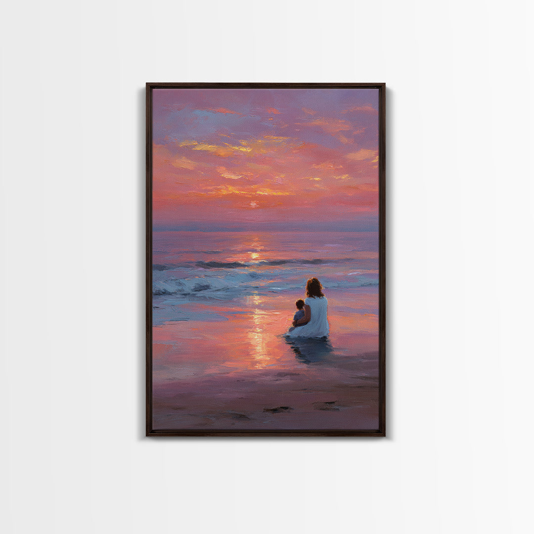 Mother And Baby In Pink Purple Ocean Sunset Canvas Print, Beach Wall Art, Coastal Bedroom Decor, Mothers Day Gift, Nursery Art