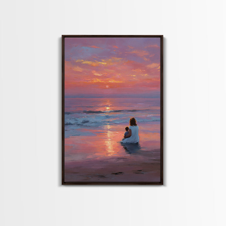 Mother And Baby In Pink Purple Ocean Sunset Canvas Print, Beach Wall Art, Coastal Bedroom Decor, Mothers Day Gift, Nursery Art