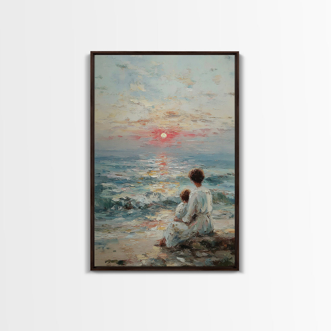 Mother And Child Watching Textured Sea Sunrise Framed Canvas Print, Coastal Wall Art, Beach House Decor, Living Room Art