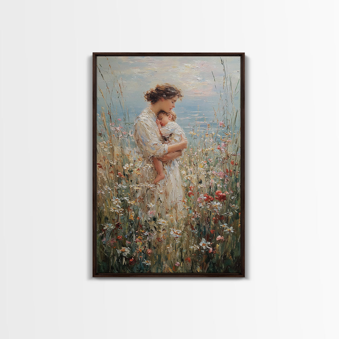 Tender Mother Holding Baby In Wildflower Meadow Wall Art, Impressionist Canvas Print For Nursery And Feminine Bedroom Decor