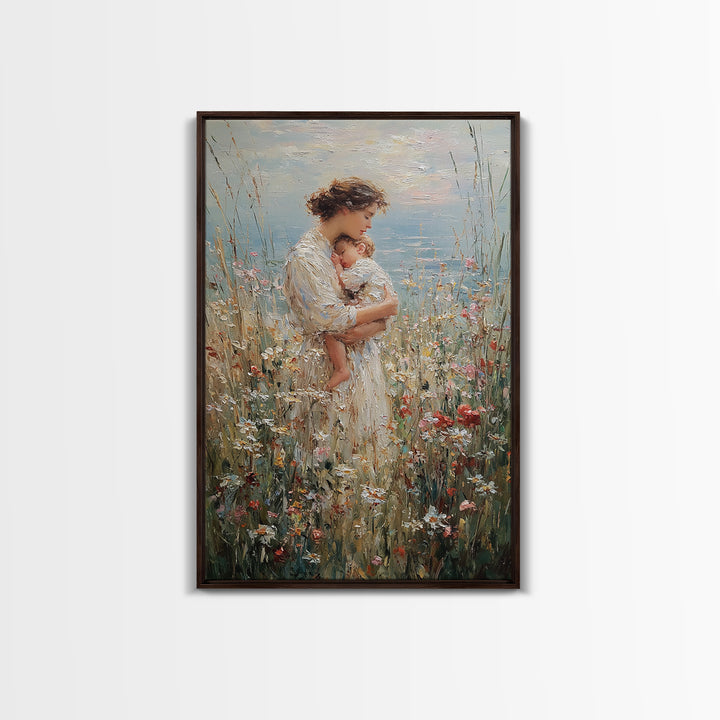 Tender Mother Holding Baby In Wildflower Meadow Wall Art, Impressionist Canvas Print For Nursery And Feminine Bedroom Decor