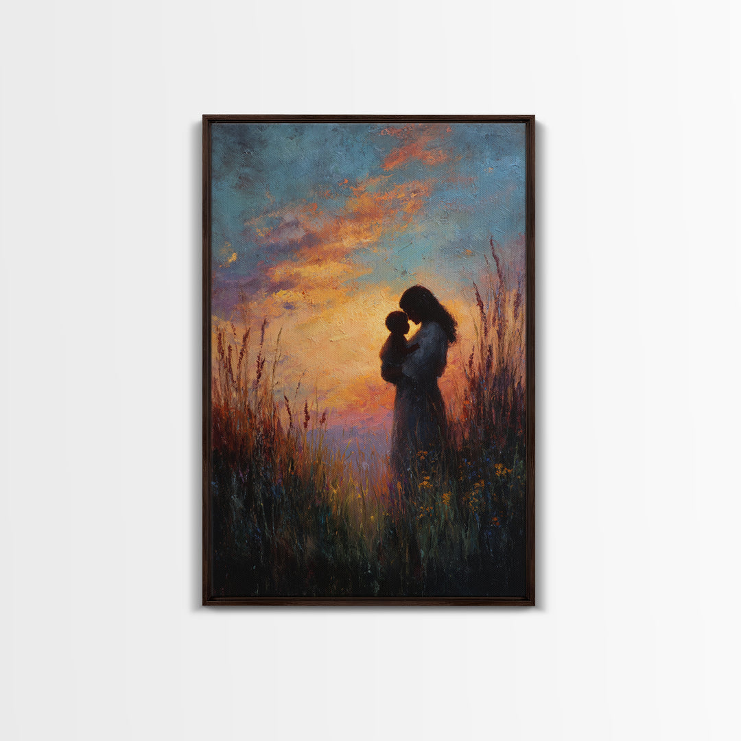 Sunset Silhouette Of Mother And Child In Meadow Wall Art, Moody Canvas Print For Nursery, Bedroom Decor, And Gift For Mom