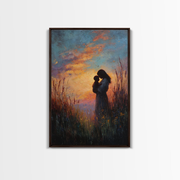 Sunset Silhouette Of Mother And Child In Meadow Wall Art, Moody Canvas Print For Nursery, Bedroom Decor, And Gift For Mom