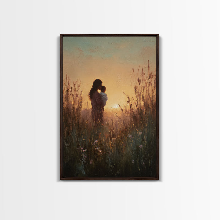 Golden Sunset Mother And Child Silhouette Canvas Print, Warm Meadow Wall Art For Nursery, Bedroom Decor, And Mothers Day Gift