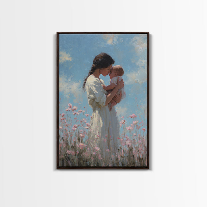 Mother And Baby Among Pink Wildflowers Wall Art, Soft Impressionist Canvas Print For Nursery Decor, Baby Shower Gift, Gift For Mom