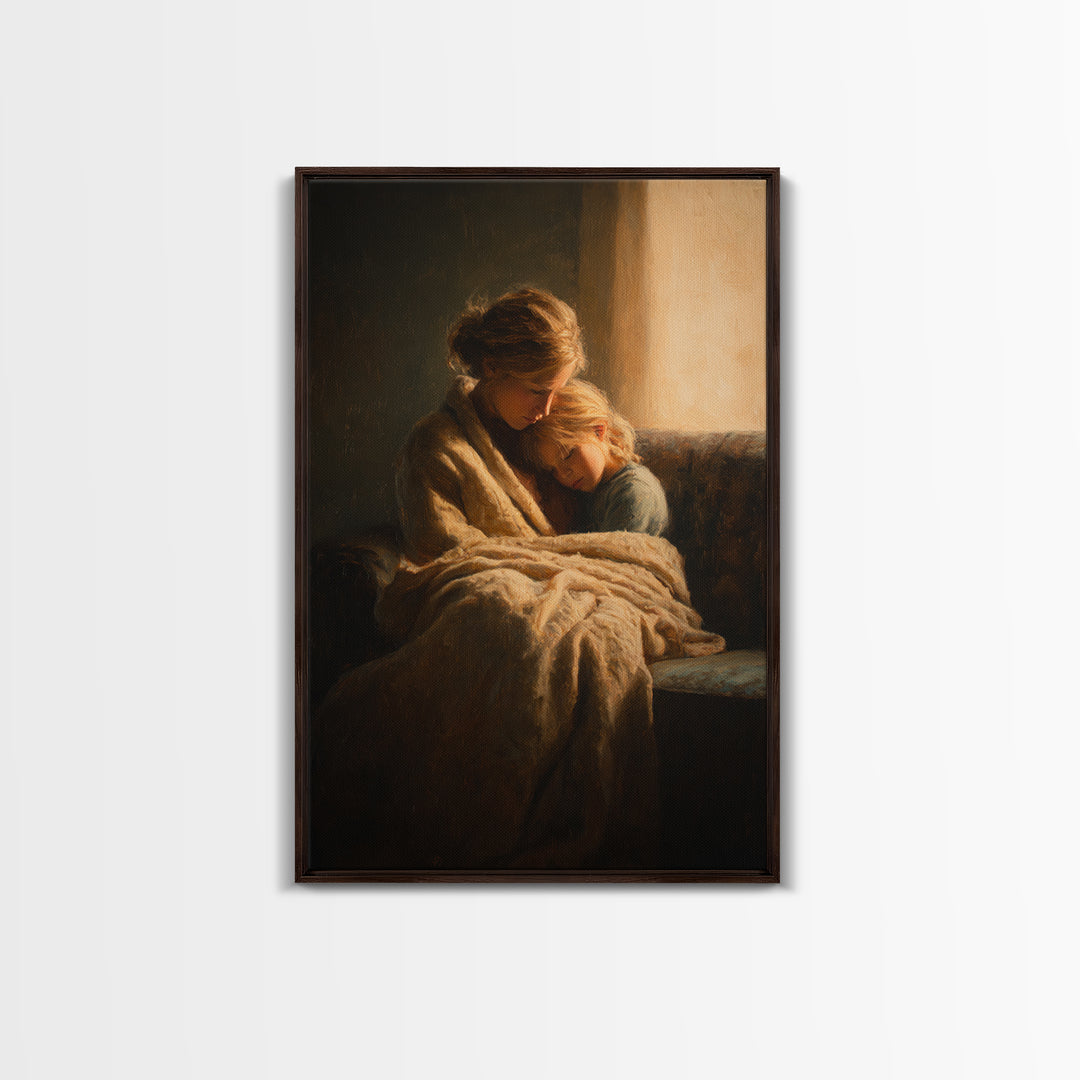 Cozy Mother And Daughter By Window Wall Art, Moody Impressionist Canvas Print For Bedroom Decor, Nursery Art, And Gift For Her