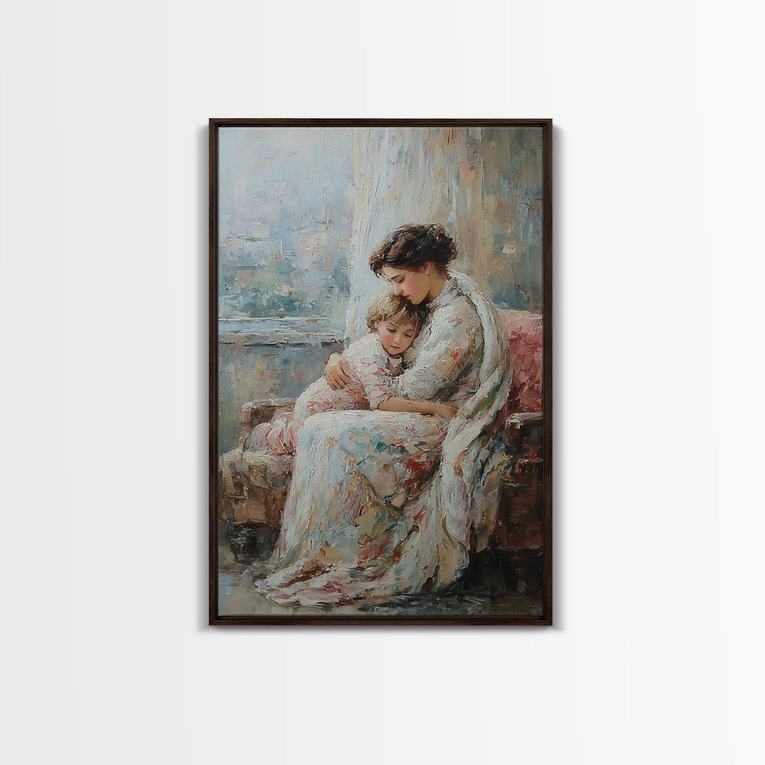 Mother And Child Resting On Floral Sofa Framed Canvas Print, Impressionist Wall Art For Living Room Decor And Gift For Mom