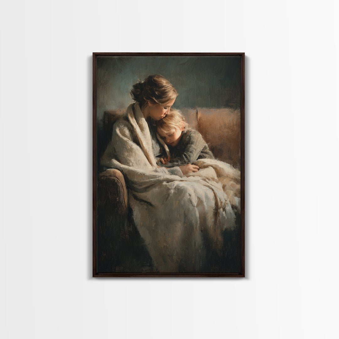 Moody Mother And Child Wrapped In Blanket Wall Art, Warm Impressionist Canvas Print For Bedroom Decor, Nursery, And Gift For Mom