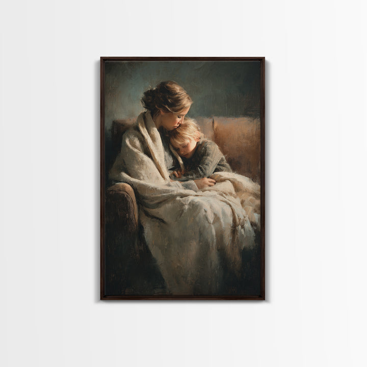 Moody Mother And Child Wrapped In Blanket Wall Art, Warm Impressionist Canvas Print For Bedroom Decor, Nursery, And Gift For Mom