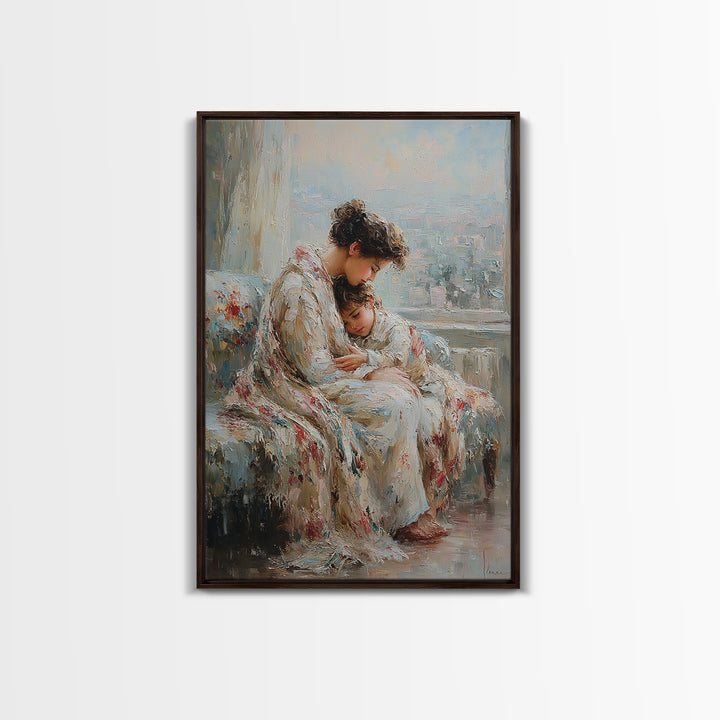 Mother And Child Cuddling By City Window Canvas Print, Soft Impressionist Wall Art For Bedroom Decor, Nursery, And Gift For Her