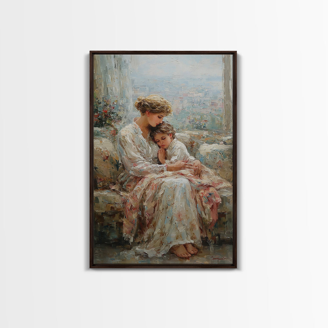 Mother And Child By Bright Window Wall Art, Textured Impressionist Canvas Print For Living Room Decor, Nursery, And Gift For Mom
