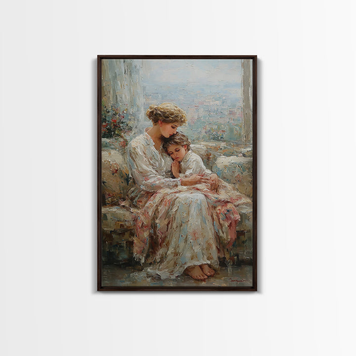Mother And Child By Bright Window Wall Art, Textured Impressionist Canvas Print For Living Room Decor, Nursery, And Gift For Mom