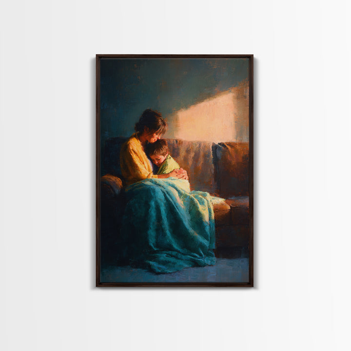 Mother And Child In Sunlit Embrace Wall Art, Impressionist Oil Painting Print, Cozy Nursery Decor, Gift For Mom, Living Room Decor