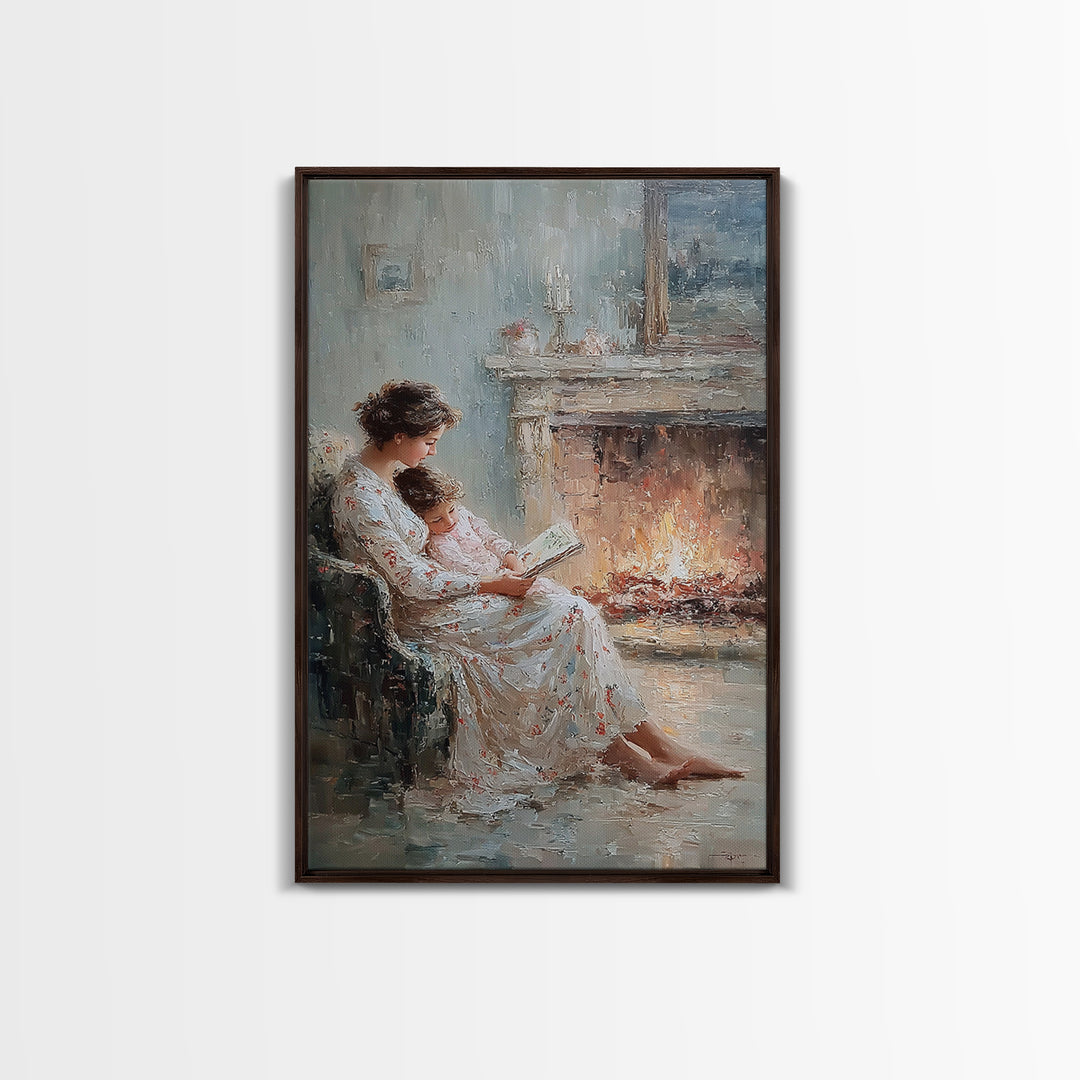 Mother And Child Reading Beside Elegant Fireplace Canvas Print, Impressionist Wall Art, Cozy Bedroom Decor, Gift For Mom