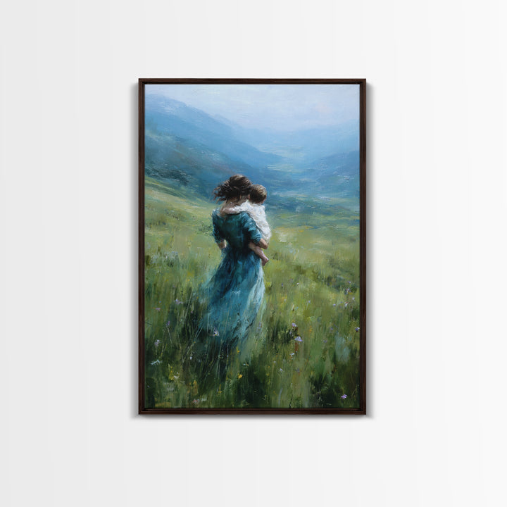 Mother And Child Embracing In Blue Mountain Meadow Canvas Print, Calming Landscape Wall Art, Nature Decor, Gift For Mom Print