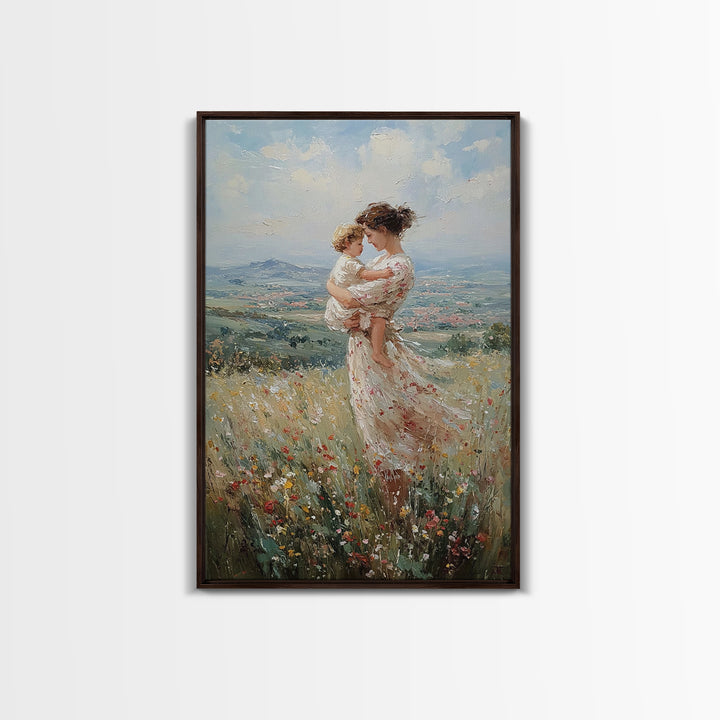 Mother And Toddler In Flower Meadow Wall Art, Impressionist Landscape Painting, Feminine Nursery Decor, Gift For Mom Art Print