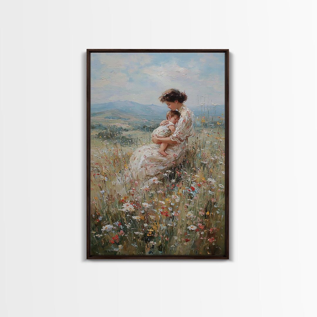 Nursing Mother And Baby In Floral Meadow Framed Canvas Print, Impressionist Landscape Wall Art, Nursery Decor, Gift For Her