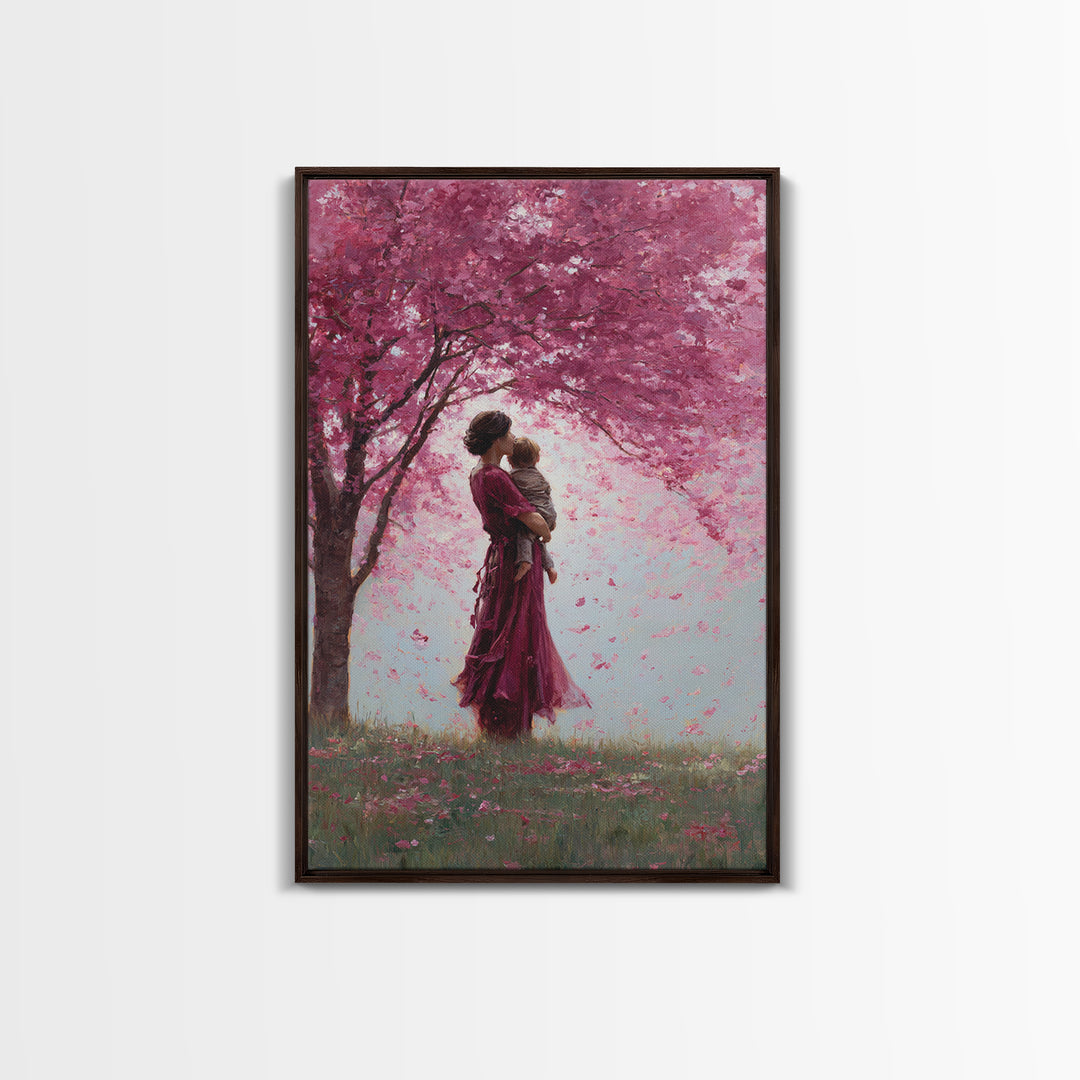 Mother And Toddler Under Pink Cherry Blossoms Wall Art, Romantic Floral Canvas Print, Feminine Decor, Mothers Day Gift, Nursery Decor