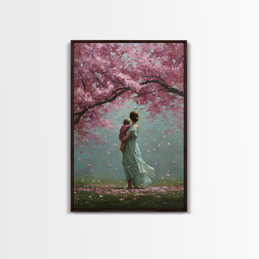 Mother And Child Beneath Cherry Blossom Canopy Canvas Print, Pink Floral Wall Art, Romantic Nursery Decor, Gift For Her, Home Decor