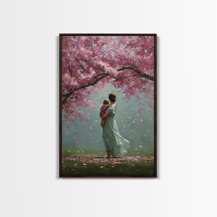 Mother And Child Beneath Cherry Blossom Canopy Canvas Print, Pink Floral Wall Art, Romantic Nursery Decor, Gift For Her, Home Decor