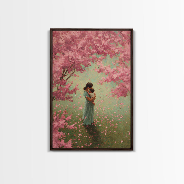 Mother Embracing Baby In Pink Blossom Garden Framed Canvas Print, Floral Wall Art, Feminine Nursery Decor, Mothers Day Gift